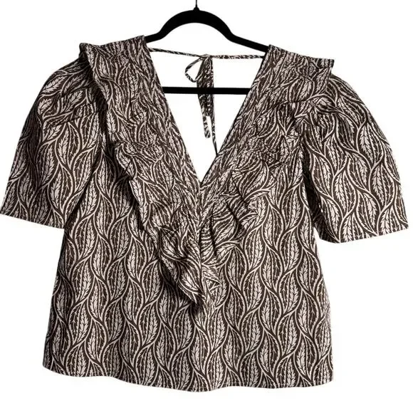 ST. ROCHE Sabine Top NWT $225Ruffled Double V Neck in Cold Brew Size 8